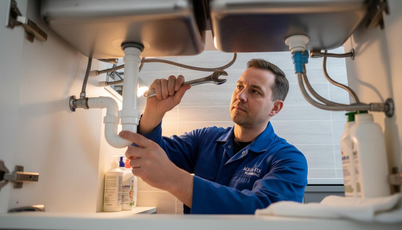 Professional plumber repairing kitchen sink